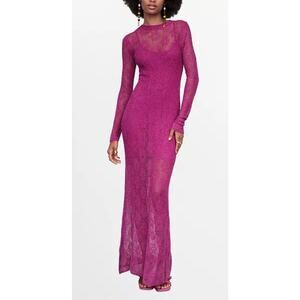 Mango Sheer Embroidery Maxi Dress Size 4 Viscose Cotton Blend Long Sleeves